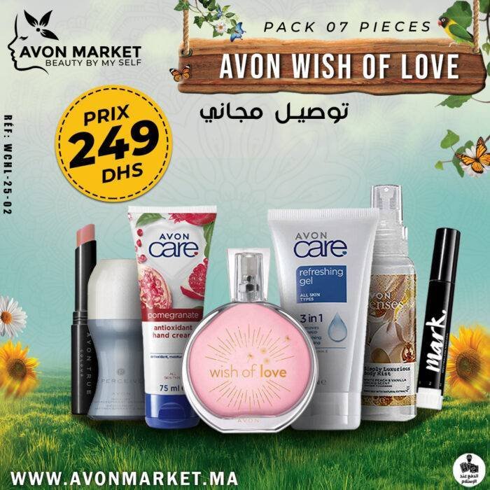 Avon Pack 7 Pieces Wish Of Love Wish of Love de Avon est un parfum Floral fruité pour femme. Wish of Love a été lancé en 2008. La note de tête est Canneberge; les notes de coeur sont Fleur de cerisier, Rose et Hortensia; la note de fond est Musc.